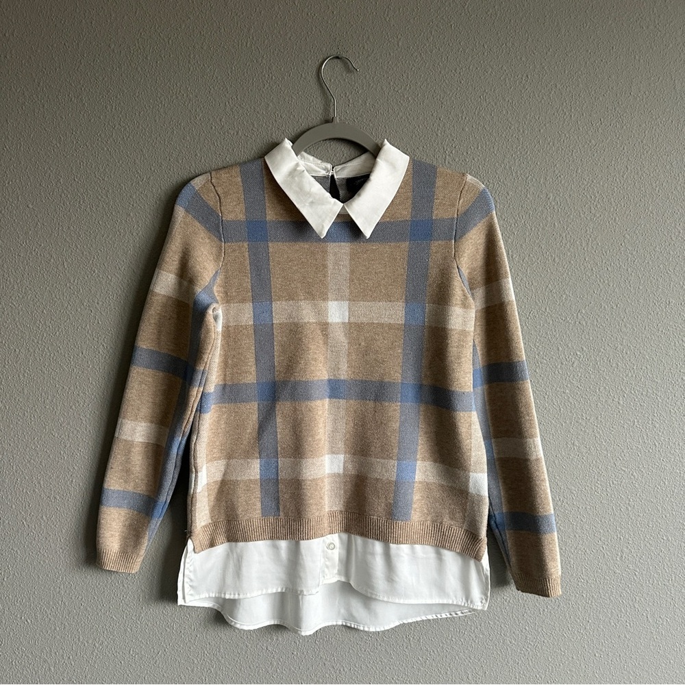Plaid Tan and Blue Women's Sweater with White Collar